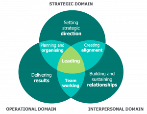 Three-sphere venn diagram displays strategic, operational and interpersonal domains. The intersection of the three spheres reads 'leading'.