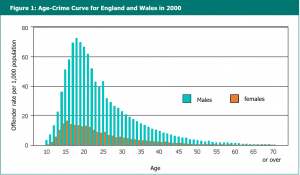 Graph displays age-crime curve for England and Wales in 2000. 