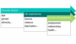 Text reads: Diversity factors - age, gender and ethnicity. Life experience - trauma, violence and deprivation. Current circumstances - employment, relationships and health.